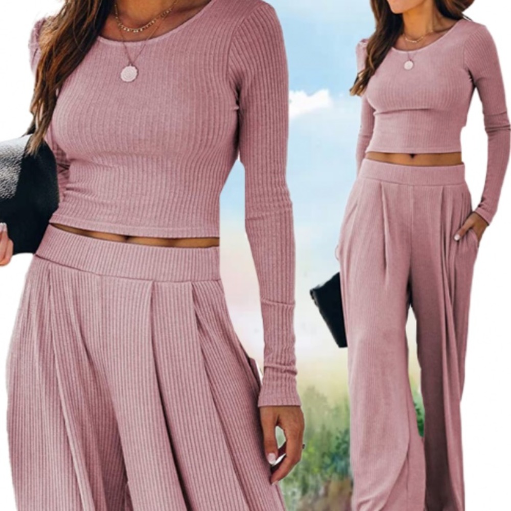 - Pink ribbed boho set pants and top